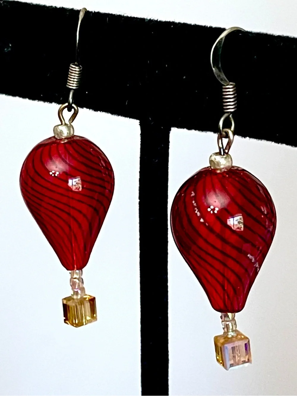 Vintage Artisan Hot Air Balloon Dangle Earrings Aurora Borealis AB Lampwork EUC
